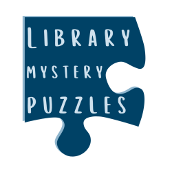 A blue puzzle piece saying Library Mystery Puzzles