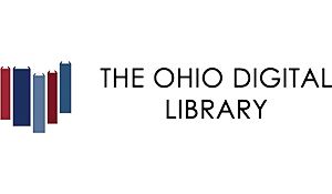 The Ohio Digital Library with a stack of books showing spines out, in the shape of Ohio