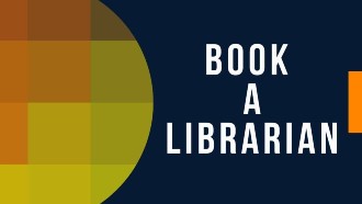 Book a Librarian on a navy background with an orange pixelated half circle