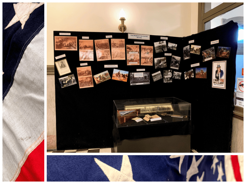 Collage of three photographs of a display in the Piqua Public Library featuring American flags and other patriotic memorabilia.